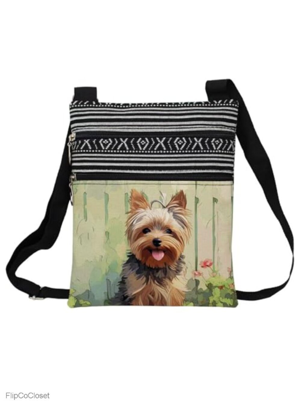 Yorkshire Terrier Print Crossbody Bag Polyester Adjustable Strap Zipper Purse